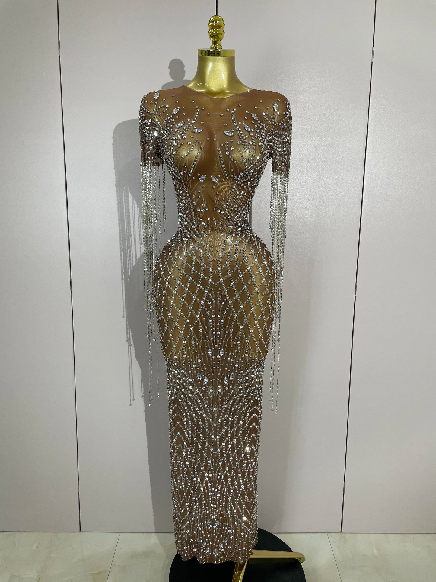 Muschibitch Funkelndes Gala Luxus Glitzer Strass Kleid Transparent Abendkleid Sexy Mesh Glamour Partykleid