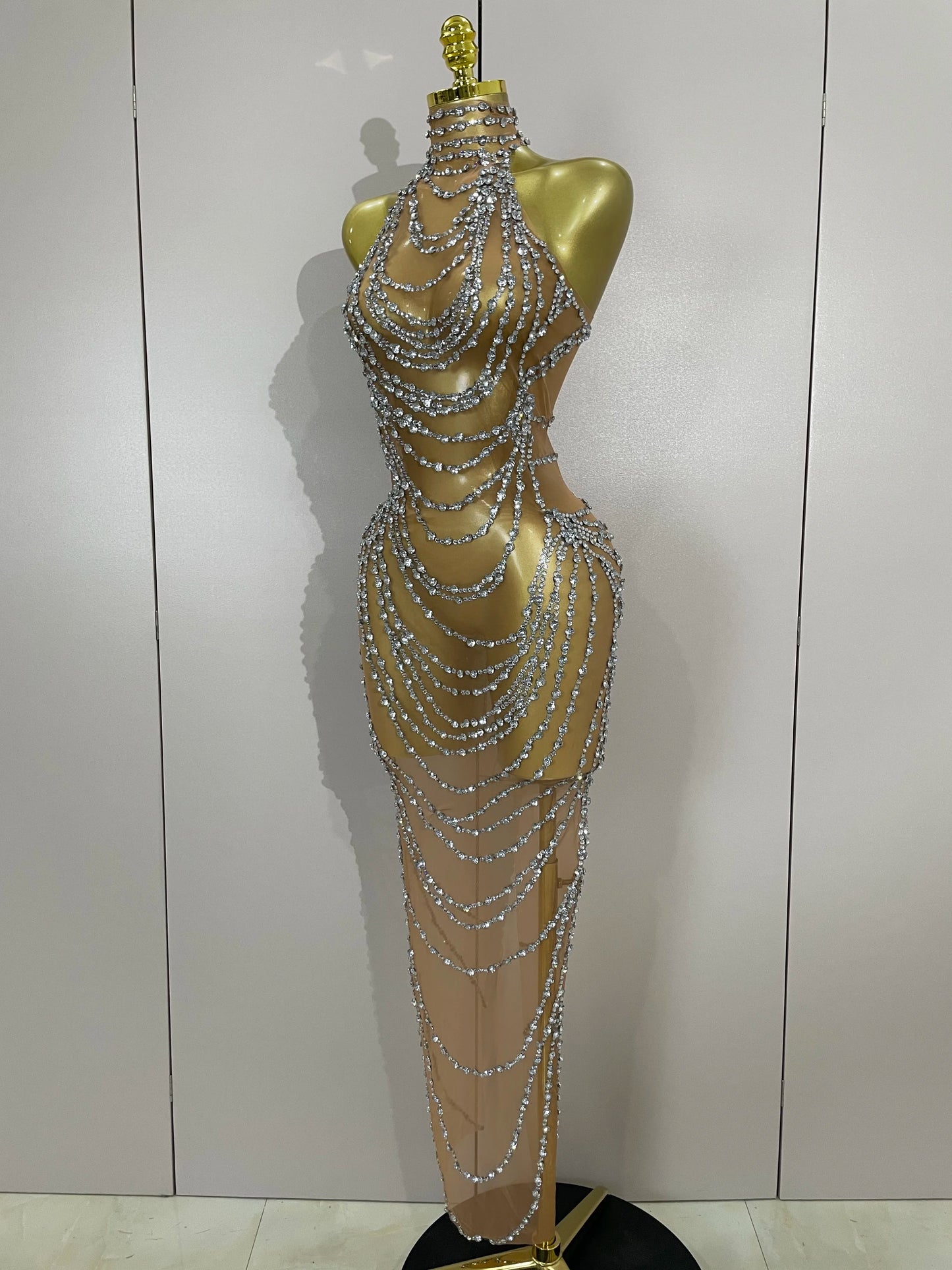 Muschibitch Sexy Luxus Gold Strass Kleid Transparent Abendkleid Club Glam
