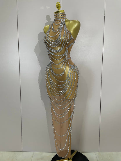 Muschibitch Sexy Luxus Gold Strass Kleid Transparent Abendkleid Club Glam