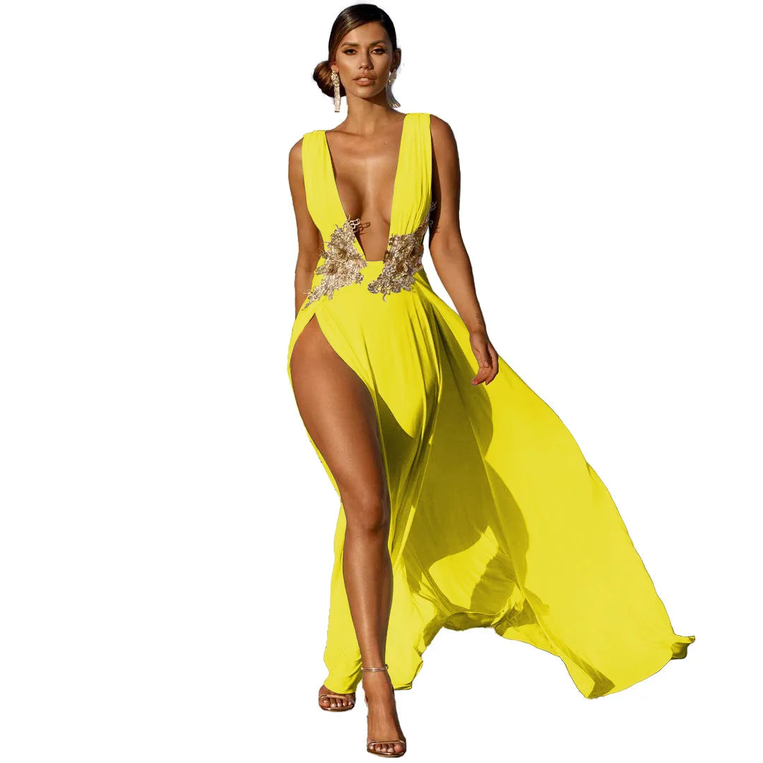Muschibitch Abendkleid Damen Elegant Maxi Kleid Tiefer V Ausschnitt Rückenfrei Cocktailkleid