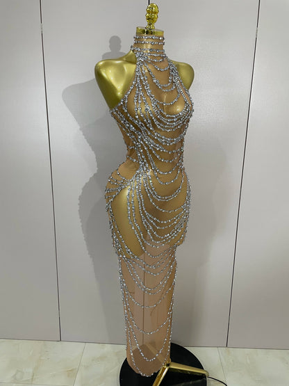 Muschibitch Sexy Luxus Gold Strass Kleid Transparent Abendkleid Club Glam