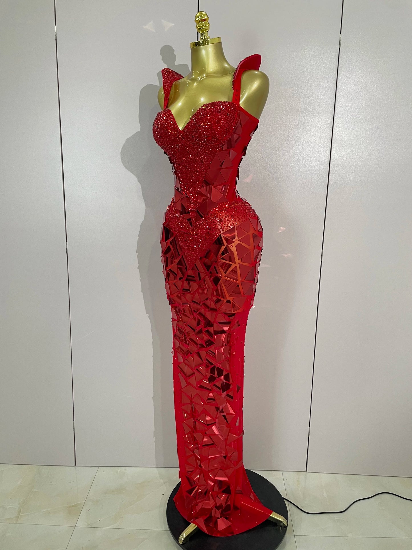 Muschibitch Luxus Abendkleid Rot Strass Spiegel Bodycon Glam Dress