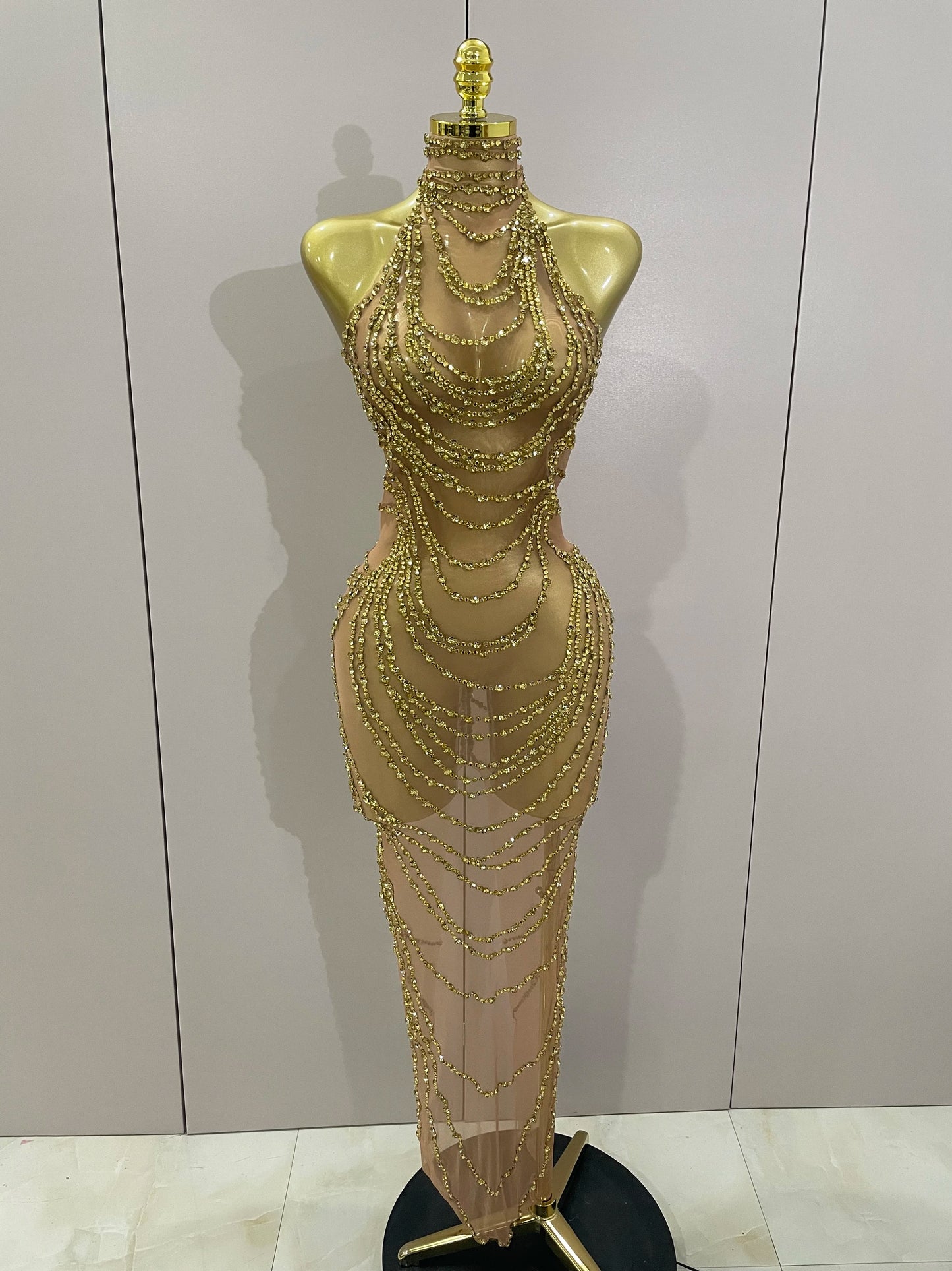 Muschibitch Sexy Luxus Gold Strass Kleid Transparent Abendkleid Club Glam