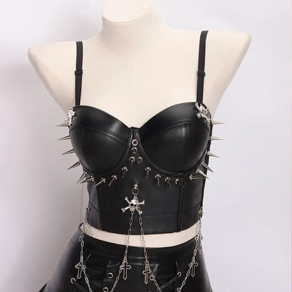 Punkgräfin Spike Corset Top Schwarz – Goth Punk Leder Bustier mit Ketten & Nieten