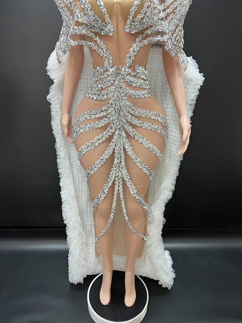Muschibitch Silber Strass Glitzer Minikleid, Transparentes Mesh Partykleid, Sexy Gala Kleid, NYE Clubwear