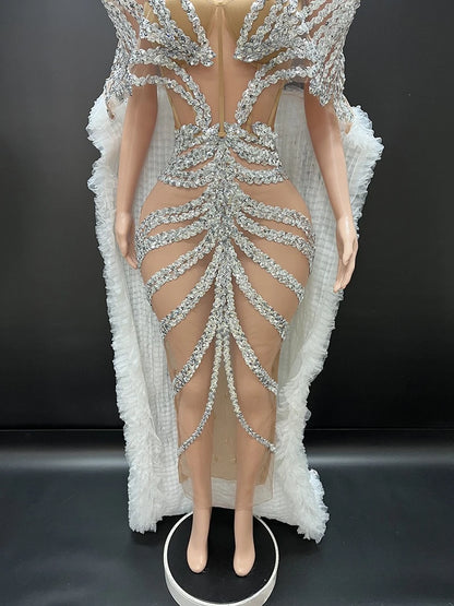 Muschibitch Silber Strass Glitzer Minikleid, Transparentes Mesh Partykleid, Sexy Gala Kleid, NYE Clubwear