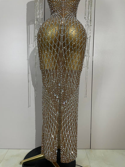 Muschibitch Funkelndes Gala Luxus Glitzer Strass Kleid Transparent Abendkleid Sexy Mesh Glamour Partykleid