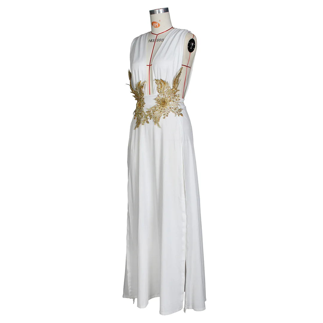 Muschibitch Abendkleid Damen Elegant Maxi Kleid Tiefer V Ausschnitt Rückenfrei Cocktailkleid