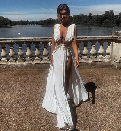 Muschibitch Abendkleid Damen Elegant Maxi Kleid Tiefer V Ausschnitt Rückenfrei Cocktailkleid