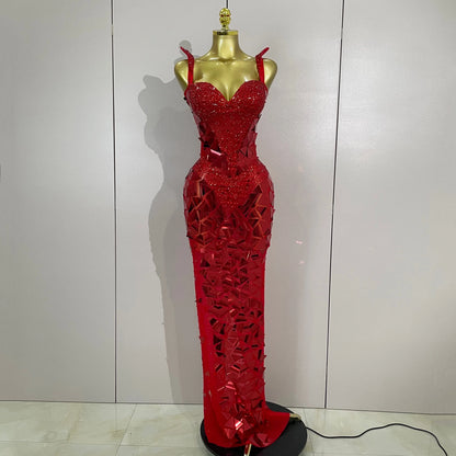 Muschibitch Luxus Abendkleid Rot Strass Spiegel Bodycon Glam Dress