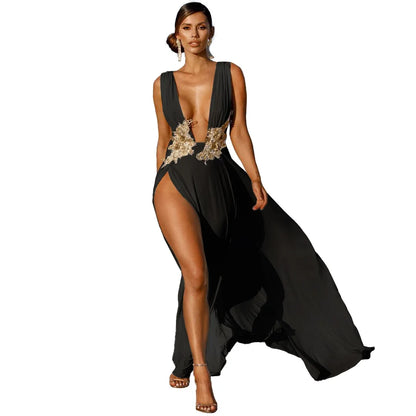 Muschibitch Abendkleid Damen Elegant Maxi Kleid Tiefer V Ausschnitt Rückenfrei Cocktailkleid