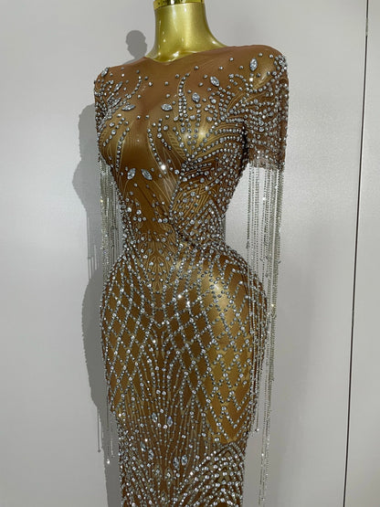 Muschibitch Funkelndes Gala Luxus Glitzer Strass Kleid Transparent Abendkleid Sexy Mesh Glamour Partykleid