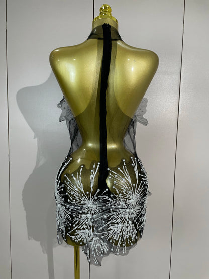 Muschibitch Luxus Perlen Sexy Mesh Mini Kleid Transparent Abendkleid