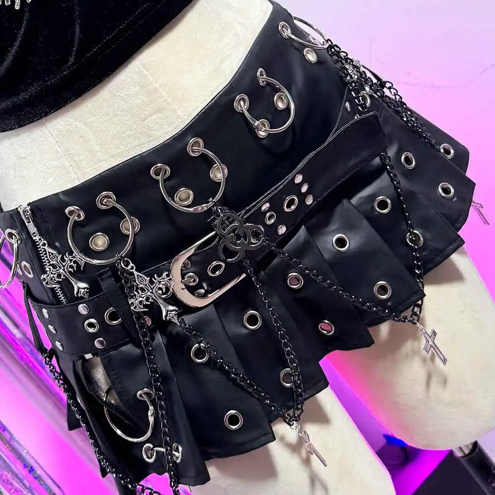 Punkgräfin Gothic Minirock Damen Schwarz mit Ketten & Nieten – Velvet Violence