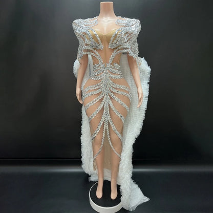 Muschibitch Silber Strass Glitzer Minikleid, Transparentes Mesh Partykleid, Sexy Gala Kleid, NYE Clubwear