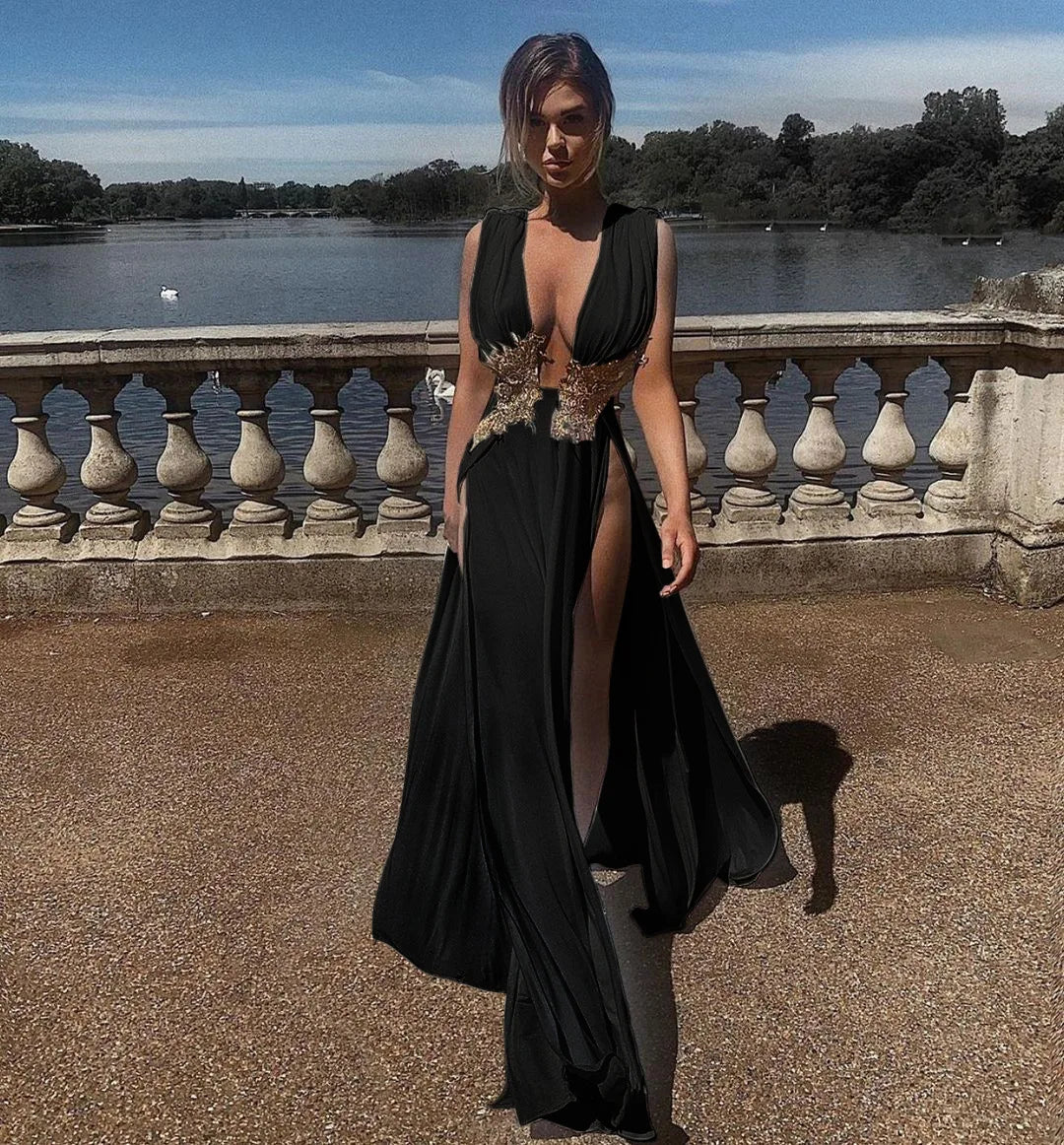 Muschibitch Abendkleid Damen Elegant Maxi Kleid Tiefer V Ausschnitt Rückenfrei Cocktailkleid