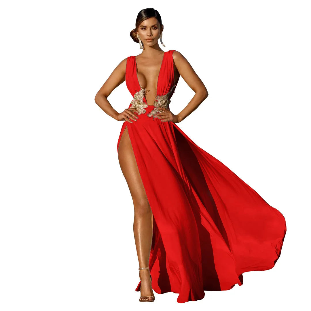 Muschibitch Abendkleid Damen Elegant Maxi Kleid Tiefer V Ausschnitt Rückenfrei Cocktailkleid