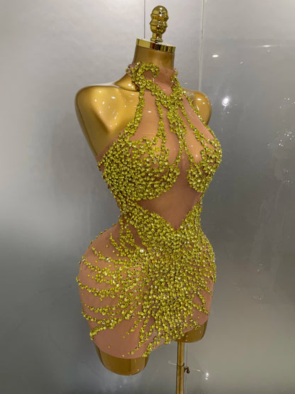 Muschibitch Sexy Strass Kleid Transparent – Mesh Club Glitzer Party Mini Dress