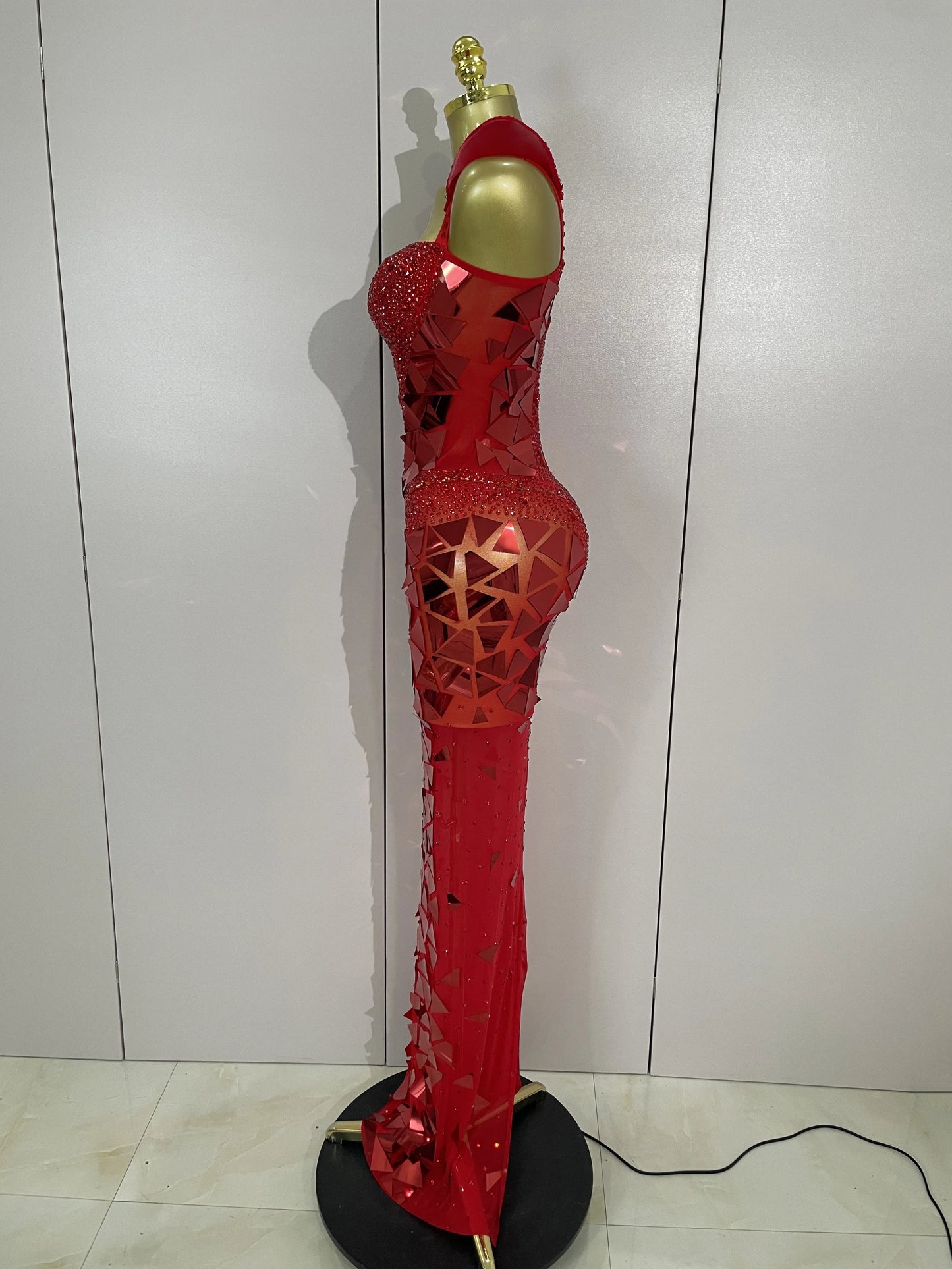 Muschibitch Luxus Abendkleid Rot Strass Spiegel Bodycon Glam Dress