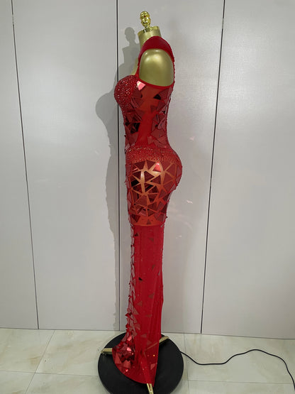 Muschibitch Luxus Abendkleid Rot Strass Spiegel Bodycon Glam Dress