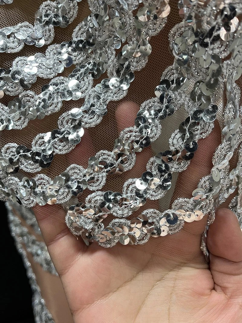 Muschibitch Silber Strass Glitzer Minikleid, Transparentes Mesh Partykleid, Sexy Gala Kleid, NYE Clubwear