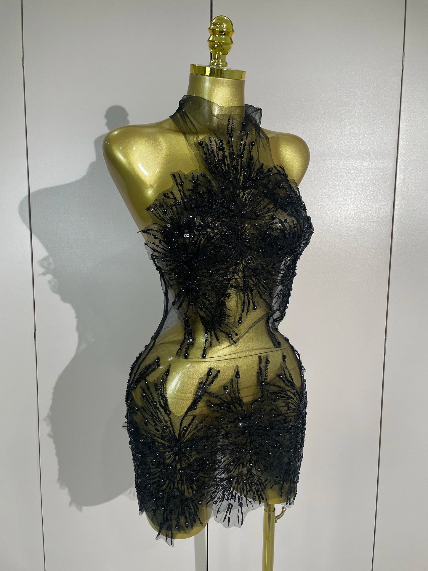 Muschibitch Luxus Perlen Sexy Mesh Mini Kleid Transparent Abendkleid