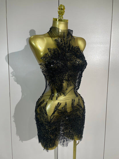 Muschibitch Luxus Perlen Sexy Mesh Mini Kleid Transparent Abendkleid