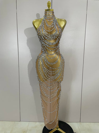 Muschibitch Sexy Luxus Gold Strass Kleid Transparent Abendkleid Club Glam