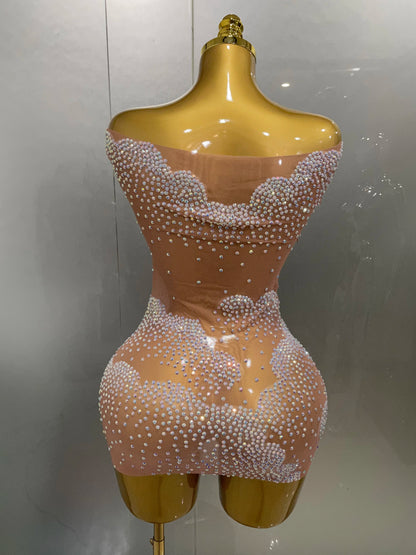 Muschibitch Luxus Sexy Perlen Mesh Mini Kleid Transparent Party Club Dress