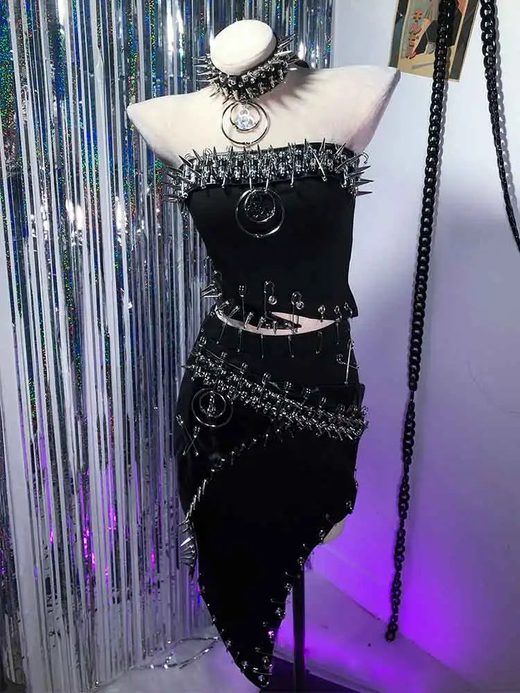 Punkgräfin Gothic Strapless Kleid – Y2K O-Ring Nieten Dress