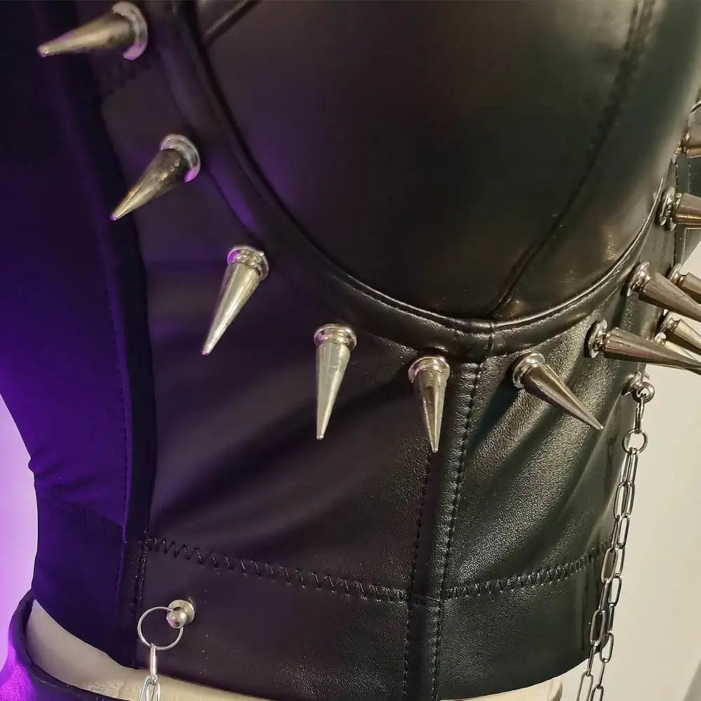 Punkgräfin Spike Corset Top Schwarz – Goth Punk Leder Bustier mit Ketten & Nieten