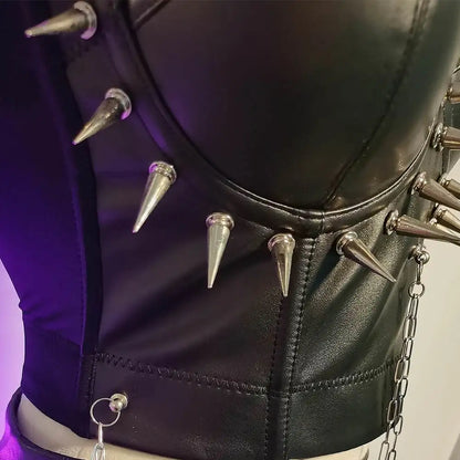Punkgräfin Spike Corset Top Schwarz – Goth Punk Leder Bustier mit Ketten & Nieten