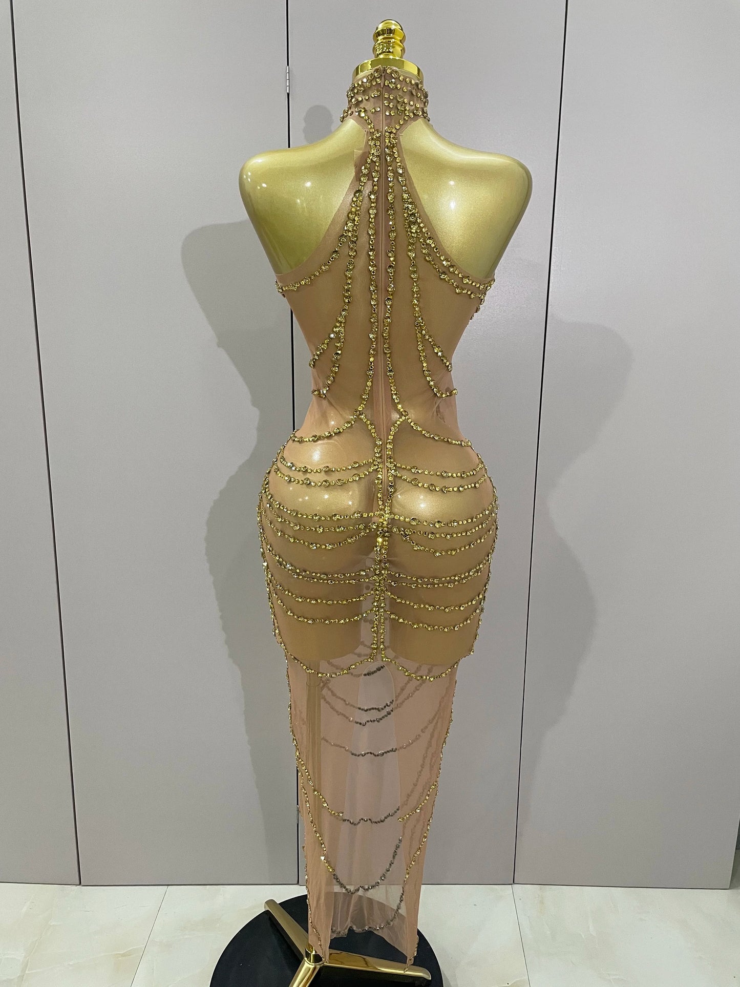 Muschibitch Sexy Luxus Gold Strass Kleid Transparent Abendkleid Club Glam