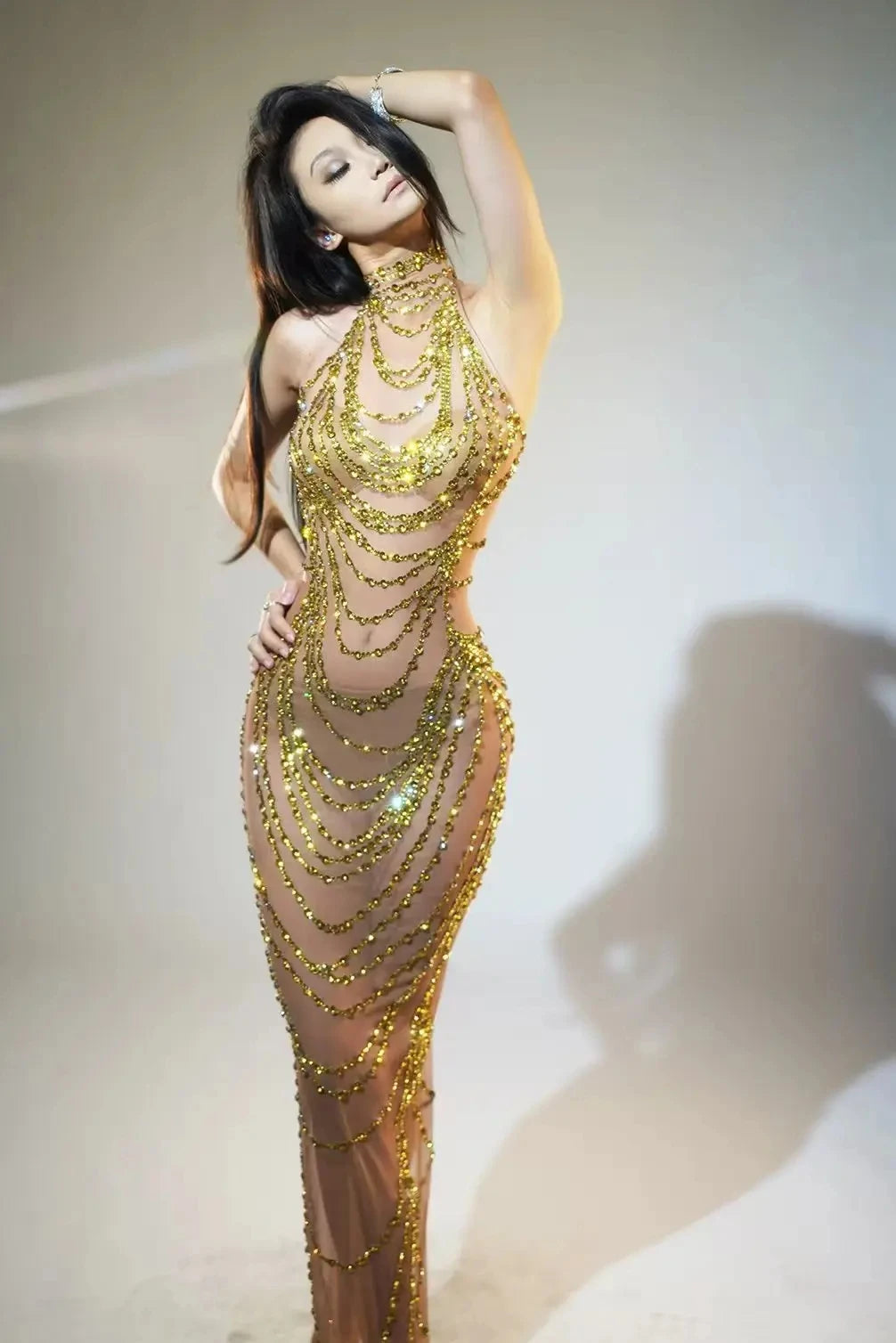 Muschibitch Sexy Luxus Gold Strass Kleid Transparent Abendkleid Club Glam