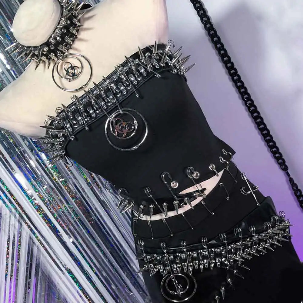 Punkgräfin Gothic Strapless Kleid – Y2K O-Ring Nieten Dress