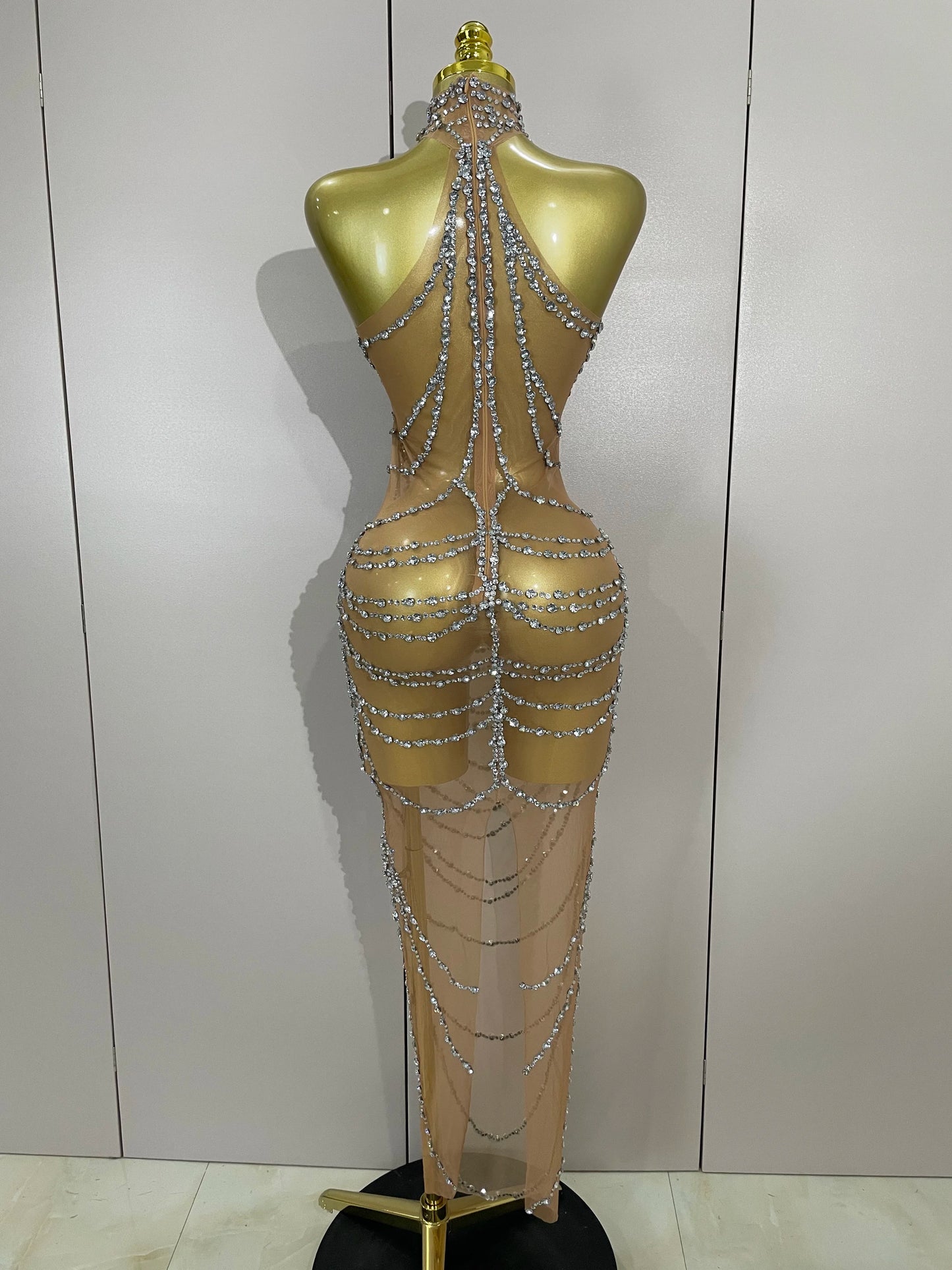 Muschibitch Sexy Luxus Gold Strass Kleid Transparent Abendkleid Club Glam