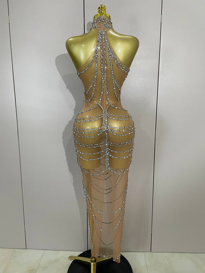 Muschibitch Sexy Luxus Gold Strass Kleid Transparent Abendkleid Club Glam