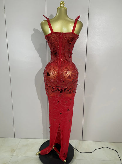 Muschibitch Luxus Abendkleid Rot Strass Spiegel Bodycon Glam Dress