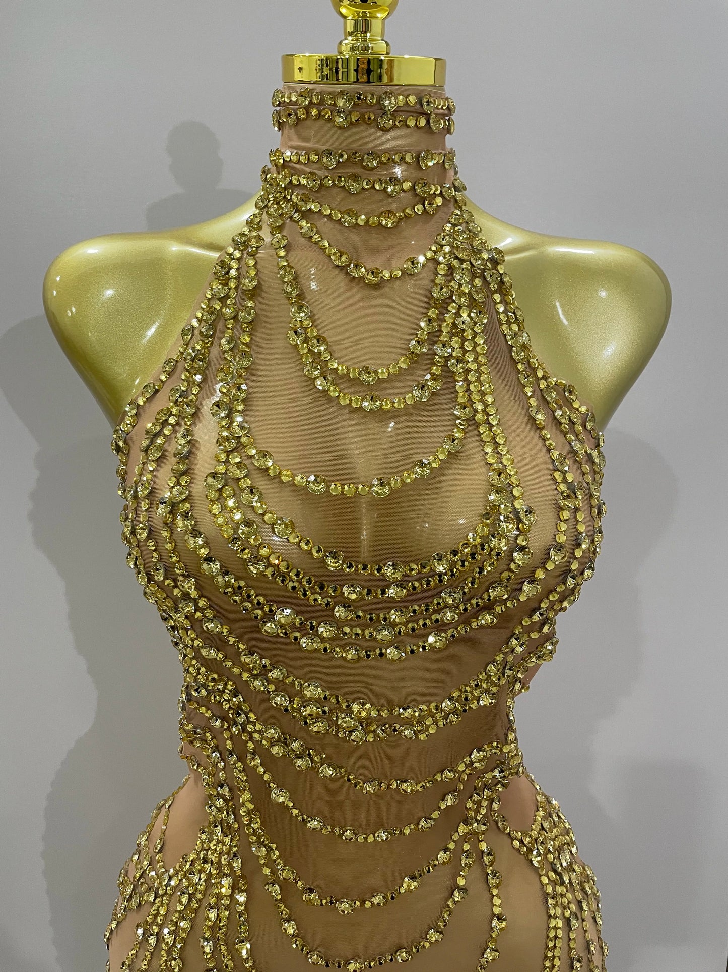 Muschibitch Sexy Luxus Gold Strass Kleid Transparent Abendkleid Club Glam
