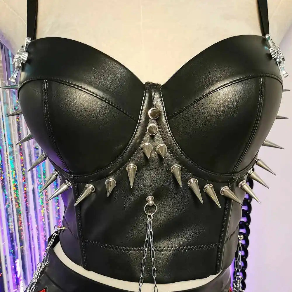 Punkgräfin Spike Corset Top Schwarz – Goth Punk Leder Bustier mit Ketten & Nieten
