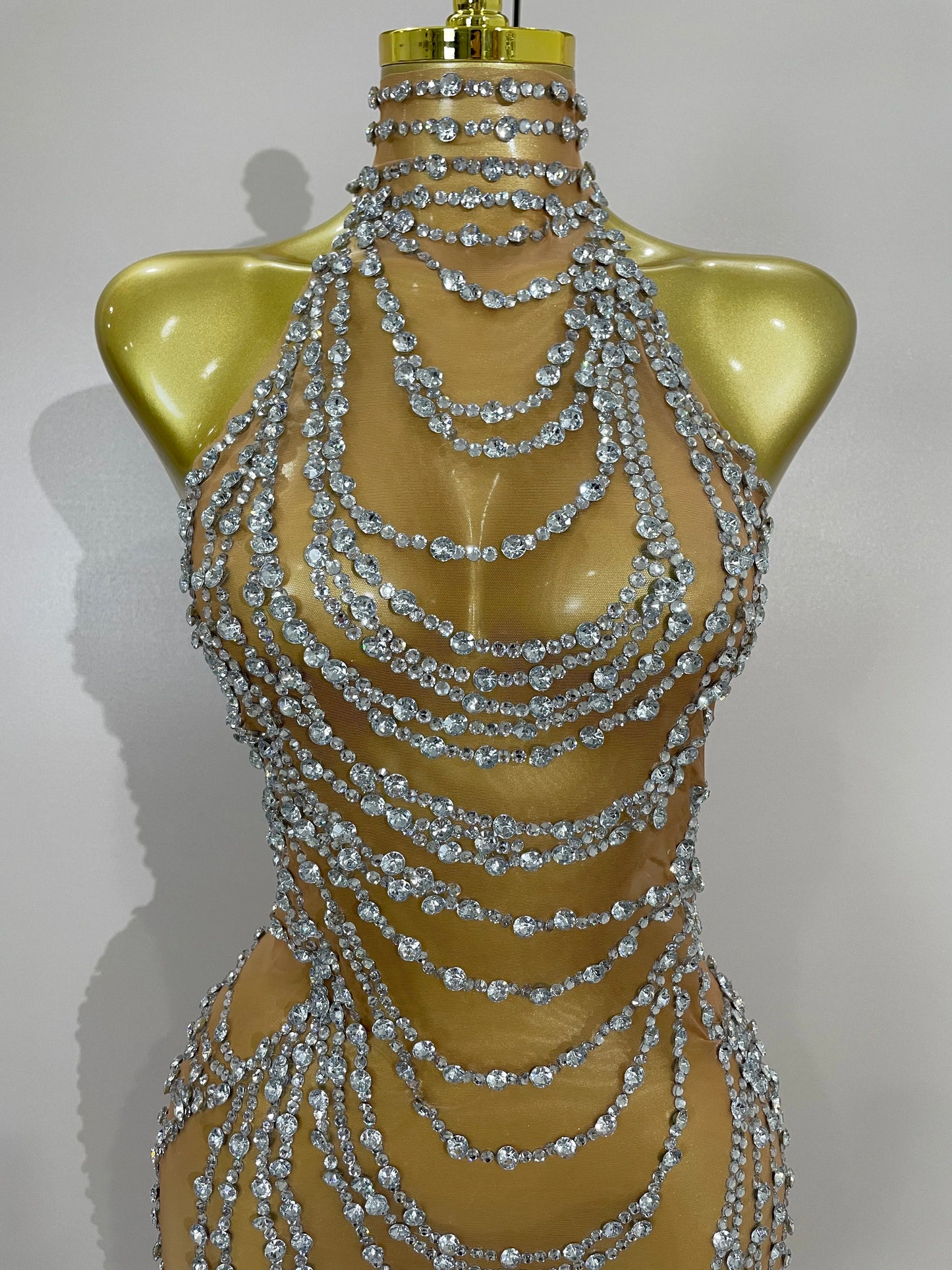 Muschibitch Sexy Luxus Gold Strass Kleid Transparent Abendkleid Club Glam