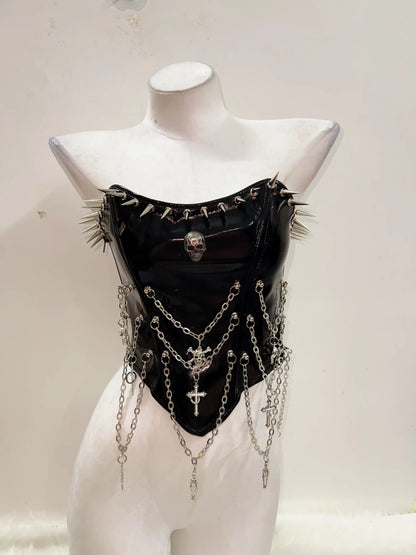 Punkgräfin Bustier Top – Gothic Punk Y2K Skull Tank Velvet Violence