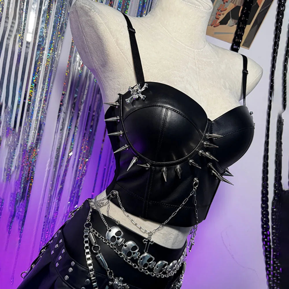 Punkgräfin Spike Corset Top Schwarz – Goth Punk Leder Bustier mit Ketten & Nieten
