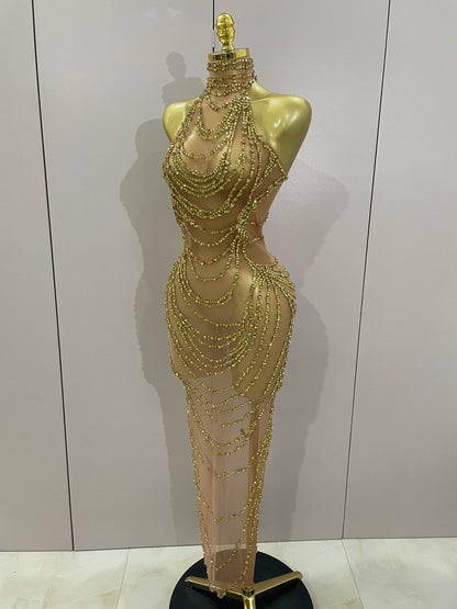Muschibitch Sexy Luxus Gold Strass Kleid Transparent Abendkleid Club Glam