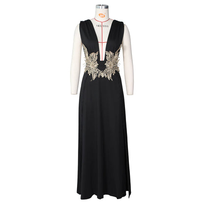 Muschibitch Abendkleid Damen Elegant Maxi Kleid Tiefer V Ausschnitt Rückenfrei Cocktailkleid