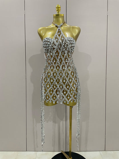 Muschibitch Sexy Pailletten Kleid Transparent – Party Club Dress Mesh Diamant Set
