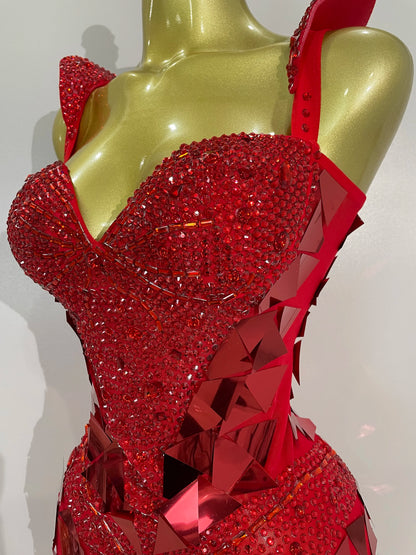 Muschibitch Luxus Abendkleid Rot Strass Spiegel Bodycon Glam Dress