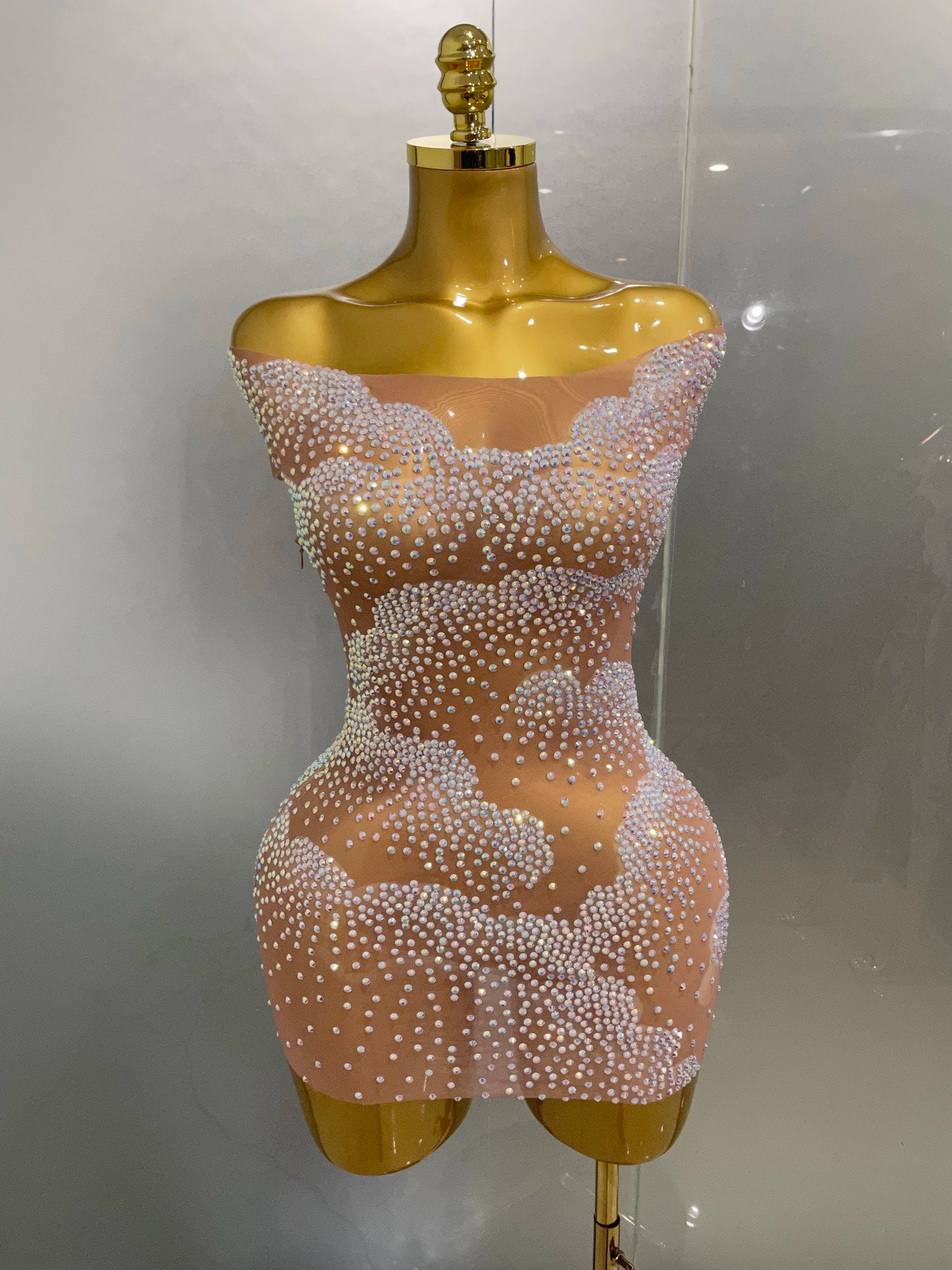 Muschibitch Luxus Sexy Perlen Mesh Mini Kleid Transparent Party Club Dress