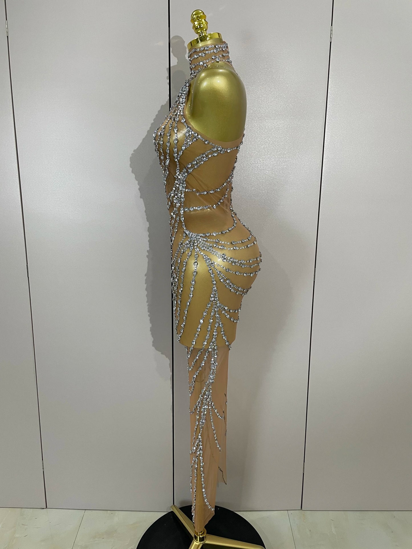 Muschibitch Sexy Luxus Gold Strass Kleid Transparent Abendkleid Club Glam