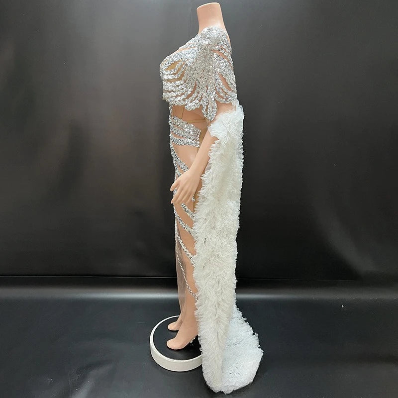 Muschibitch Silber Strass Glitzer Minikleid, Transparentes Mesh Partykleid, Sexy Gala Kleid, NYE Clubwear